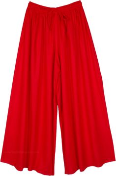 A simple vivid bright red wide-leg rayon pants with soft, comfortable rayon fabric.  These smooth pants feature an elastic waist and drawstring that help create a perfect fit. #tlb #SplitSkirtsPants #Solid #RedPants Casual Red Rayon Bottoms, Red Wide Leg Summer Loungewear Pants, Red Wide Leg Pants For Summer Loungewear, Red Rayon Bottoms For Summer, Red Rayon Summer Bottoms, Red Wide Leg Bottoms With Elastic Waistband, Red Wide-leg Pants With Elastic Waistband, Red Wide Leg Pants With Elastic Waistband, Red Full-length Harem Pants For Spring