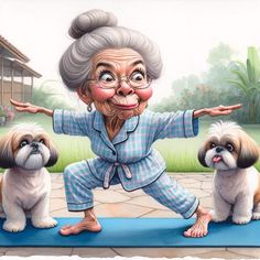 an old woman is doing yoga with two small dogs