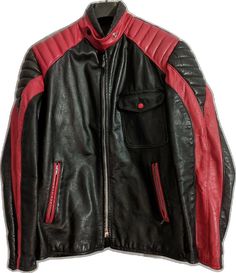 Black Retro Biker Jacket With Zipper Closure, Retro Black Biker Jacket With Zipper Closure, Red Vintage Leather Jacket With Long Sleeves, Retro Biker Jacket With Zipper For Biker Events, Red Retro Leather Jacket For Streetwear, Red Vintage Leather Jacket For Streetwear, Vintage Red Leather Jacket For Streetwear, Vintage Red Leather Biker Jacket, Retro Black Leather Jacket With Pockets