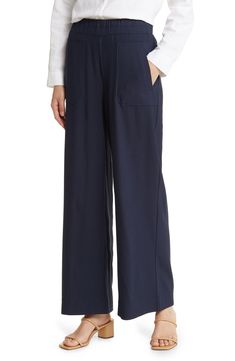 Made from a lightweight stretchy blend, these casual pants feature an elastic high waist, patch pockets and breezy wide legs. 29" inseam; 26" leg opening; 10 3/4" front rise; 16 1/2" back rise (size Medium) 48% polyester, 46% rayon, 4% spandex, 2% other fibers Machine wash, line dry Imported Versatile Wide Leg Pants For Business Casual With Pockets, Solid Wide Leg Pants With Welt Pockets, Versatile Wide Leg Pants For Elevated Casual Fall Wear, Fall High-waisted Wide Leg Pants For Elevated Casual, Solid Full-length Pants With Patch Pockets, Full Length Solid Pants With Patch Pockets, Solid Color Full-length Pants With Patch Pockets, Chic Wide Leg Pants For Elevated Casual Occasion, Versatile Full-length Bottoms With Welt Pockets