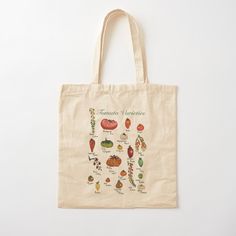 a tote bag with an illustration of tomatoes and peppers on the front, labeled tomato varieties