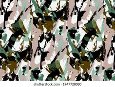 an abstract camouflage camo pattern in green, beige and white colors with black accents