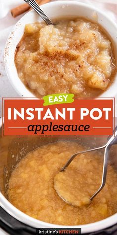 an easy instant pot apple sauce recipe in a white bowl with spoons and cinnamon sticks