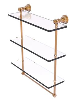 three tiered glass shelf with brass accents