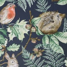 an animal and bird wallpaper with leaves, berries, and birds on blue background