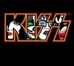 the kiss band logo on a black background with red and yellow letters, including two green eyes