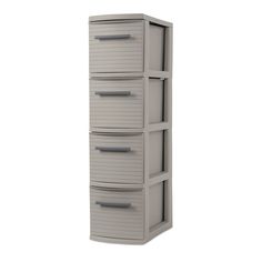 a tall gray cabinet with five drawers