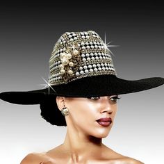 Adorned With Sparkling Rhinestones And Elegant Jewels, This Wide-Brimmed Couture Hat Is Perfect For Any Country Music, Western Themed Event, Or Cowboy/Cowgirl Hat Aficionado Embrace The Spirit Of The Wild West While Exuding Glamour And Sophistication. Turn Heads With This Exquisite Piece, And Get Ready To Steal The Show! Shine Like A Country Star In This Exquisite Couture Ladies Cowboy Hat By Beloved Millinery Couture!" Woman Cowboy Hat, Elegant Couture, Church Lady Hats, Pretty Hats, Couture Hats, Crochet Hat Free, Head Gear, Elegant Hats, Crochet Hats Free Pattern