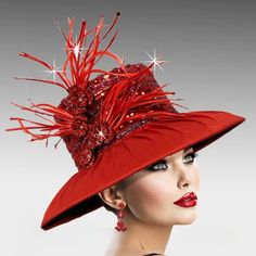 The season calls for brilliant color. The 4″ brim of this classic boater shape hat is artfully draped in luxurious fabric. The crown is swathed in sequins and peppered with crystal dust. Feathers and jewel flowers finish this stunning look. The adjustable sweat band allows for different head sizes. Church Tea Party, Unusual Hats, Jeweled Flowers, Red Hat Society, Women Church, Blazer Jackets For Women, Head Vase, Church Hats, Wedding Hats