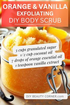 Revitalize your skin with this refreshing orange and vanilla exfoliating DIY body scrub. Made with natural ingredients like sugar, coconut oil, and essential oils, this homemade scrub leaves your skin soft and glowing. Perfect for a spa-like experience at home! #ExfoliatingScrub #DIYBodyScrub #NaturalSkincare #SugarScrubRecipe #EssentialOils Orange Body Scrub Diy, Citrus Body Scrub, Sugar Body Scrub Recipe, Homemade Exfoliator, Natural Exfoliating Scrub, Diy Body Scrubs, Coconut Oil And Essential Oils, Body Scrub Homemade Recipes, Homemade Scrubs