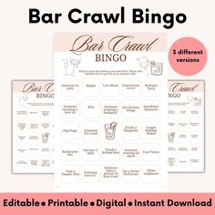 the printable bar crawl game is shown in three different colors and font, with instructions for