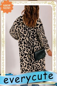 Leopard Pattern Knit Casual Long Cardigan Chic V-neck Sweater Coat For Fall, Knitted Long Sleeve Cardigan For Day Out, Knitted Cardigan For Fall Day Out, Winter V-neck Cardigan For Day Out, Soft Knit Long Sleeve Cardigan For Day Out, Leopard Pattern, Winter Sweaters, Long Cardigan, Knitting Patterns