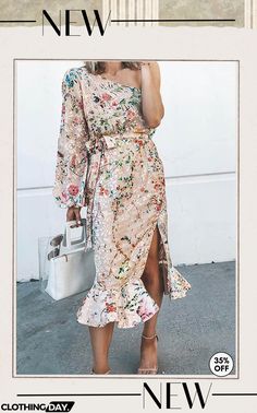 One Shoulder Print Split Ruffle Calf Length Dress Calf Length Dress, Women's Fashion Dresses, One Shoulder Dress, Shoulder Dress, Casual Dresses, One Shoulder, Fashion Dresses, Split, Floral Print