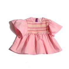 A delicately ruffled butterfly short-sleeve blouse featuring a colorful smocked bib. With a button loop and modesty lip at the back of the crew neckline, this voluminous flounce sleeve top makes for a sweet style for your little one!SELF: 100% CottonMachine wash cold, gentle cycle, do not bleach, line dry, low ironSKU: SS24-KG-TP150V CO151 SHRIMP TOP LENGTH:SIZE 2: 36 cm | 14.17 inSIZE 3/4: 38 cm | 14.96 inSIZE 5/6: 44 cm | 17.32 inSIZE 7/8: 50 cm | 19.68 inSIZE 9/10: 54 cm | 21.26 inSIZE 11/12: Summer Flutter Sleeve Top With Gathered Sleeves, Summer Tops With Gathered Flutter Sleeves, Summer Smocked Bodice Puff Sleeve Top, Summer Puff Sleeve Top With Smocked Bodice, Chic Puff Sleeve Top With Smocked Bodice, Chic Smocked Top With Ruffle Sleeves, Summer Short Sleeve Puff Top With Smocked Back, Spring Ruffled Puff Sleeve Peasant Top, Spring Puff Sleeve Top With Flutter Sleeve And Ruffles