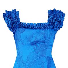 A subtle Hawaiian design of floral outlines on a royal blue background, allowing the dress style to shine all on its own. Square neckline pays tribute to the Hawaiian culture of wearing Hawaiian floral leis to special events such as birthdays, graduations or weddings.-Square neckline with pinched ruffles. -Elastic ruffled cap sleeves -Flattering front & back darts-Center back zip -Cotton Poplin -Made in Hawaii, USA -Size S - XL Hula Dress, Hawaiian Muumuu, Island Style Clothing, Polynesian Dress, Hawaiian Design, Aloha Dress, Hawaiian Dresses, Royal Blue Background, Aloha Print