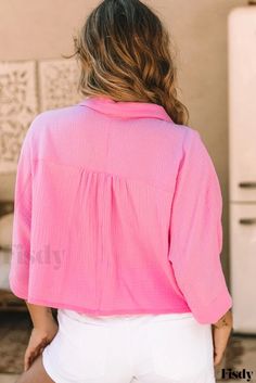 Fisdy - Camisa corta arrugada con medias mangas Solid Color Shirt, Flounce Sleeve, Color Rosa, Crop Shirt, Sleeve Detail, Estilo Casual, Half Sleeve, Half Sleeves, Sleeve Styles