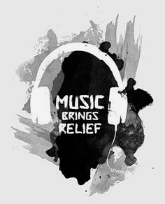 the words music brings relief are painted in black and white with headphones on it