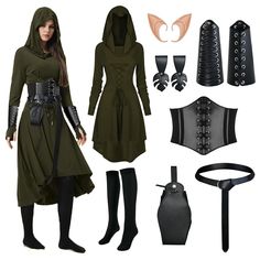 PRICES MAY VARY. Medieval Retro Costume Set: you will receive 1 black hooded robe costume, 1 black tight corset , 1 pair of elf ears, 1 pair of leather gauntlet wristbands, 1 PU leather belt, 1 drawstring pouch , 1 pair Skirt Clip ,and 1 pair of stockings, enough for your dress and cosplay party needs. Retro Style: showcasing the charm of the middle ages, the medieval cloak whose main material is polyester and spandex, features a high low hem, draped collar, lace up front and back, an oversized Elven Costume For Medieval Festivals, Medieval Larp Costume Accessories For Halloween, Medieval Corset Belt For Halloween Larp, Elven Cosplay Costume For Larp, Luxury Elven Costume For Larp, Medieval Elf, Dark Fairy Costume, Cloak Dress, Leather Gauntlet