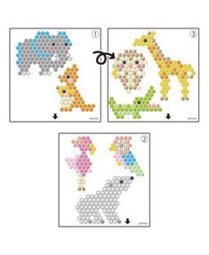 three pictures with different colors and shapes of beads on them, one has a dog in the