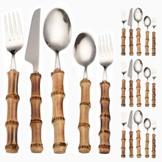 an assortment of utensils and spoons are arranged in the shape of bamboo