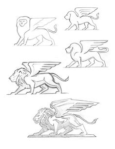 four different types of lions on white paper