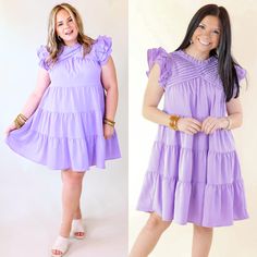 Chic On Scene Ruffle Tiered Dress with Pleated Detailing in Lavender Purple - Giddy Up Glamour Boutique Ruffle Tiered Dress, Giddy Up Glamour, Lavender Purple, Neck Ruffle, Tiered Dress, Fabric Panels, Cute Dresses, Cap Sleeves, Large Size