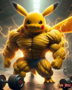 the pikachu character is doing exercises with dumbbells