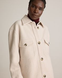 Our 100% Merino Wool Long Shirt Jacket is your perfect go-to style as the temperature starts to drop. Expertly tailored with boiled merino wool, this shirt jacket - shacket - has the relaxed silhouette of a shirt, but provides the warmth of a jacket. With an intentionally oversized look, it's perfect for layering and made to throw on over any outfit with ease.  | Quince | Women's 100% Merino Wool Long Shirt Jacket in Heather Bone, Size Small Winter Button-up Outerwear With Welt Pockets, Wool Shacket With Pockets For Fall, Fall Wool Shacket With Pockets, Cold Weather Button-up Shacket With Pockets, Casual Wool Shacket With Long Sleeves, Classic Button-up Shacket For Winter, Casual Wool Outerwear With Buttoned Pockets, Casual Wool Shacket For Fall, Fall Shacket With Buttoned Pockets And Spread Collar