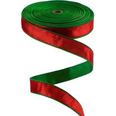 a roll of red and green satin ribbon