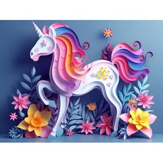 a paper cut unicorn surrounded by flowers and leaves