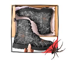 Spider Web and Spider Vegan Leather Combat Boots Halloween Shoes Creepy Spooky Gross Leather Boots * Designed For Unisex * Eco-friendly leather surface, durable for long-term wearing. * Soft EVA-foam insoles and mesh lining. * Waterproof fabric and anti-moisture, suitable for daily wear. Halloween Lace-up Boots For Streetwear, Punk Lace-up Boots For Halloween, Gothic Lace-up Boots For Halloween, Black Round Toe Boots For Halloween, Grunge Style Round Toe Boots For Halloween, Halloween Leather Ankle-high Boots, Punk Leather Boots For Halloween, Punk Black Boots For Halloween, Gothic Faux Leather Boots For Halloween