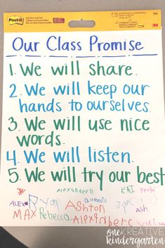 a sign with writing on it that says our class promise i will share 2 we will keep our hands to ourselves