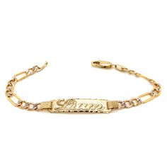 Cherish the Moment with our 14k Yellow Gold Kids and Baby ID Bracelet: Crafted in the timeless Solid Wide Figaro Pavé Links, this bracelet is a symbol of Elegance and Love. We believe in the power of personalization. Your child's name is expertly cut from solid 14k Gold and elegantly overlaid on the bracelet, creating a one-of-a-kind accessory. Additionally, you have the option to engrave a significant date on the back of the nameplate, transforming this bracelet into a cherished keepsake.  Whether it's a birth, a baptism, or simply an expression of love, this 14k Gold Kids ID Bracelet is a heartfelt and timeless gift that symbolizes the beauty of childhood and the joy of growing up. Order this beautiful bracelet today and look forward to receiving it within 4 business days within the Unit Luxury Engraved Diamond Bracelet, Luxury Engraved Round Bracelets, Elegant Rectangular Diamond Cut Bracelet, Engraved Yellow Gold Bangle Bracelet, Heirloom 14k Yellow Gold Bracelets, Heirloom 14k Yellow Gold Bracelet, Heirloom Yellow Gold Bracelet With Polished Finish, Fine Jewelry 14k Stamped Bracelet, Fine Gold Bracelet With Diamond Cut