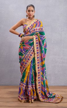 Torani-Satrangi Shamiyana Saree With Bralette-INDIASPOPUP.COM Brown Cotton Pants, Organza Jacket, Indian Mythology, Set Saree, Saree Gown, Indian Textiles, Indian Fashion Designers, Purple Fabric, Designer Sarees