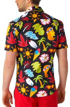 Palm trees, surfboards and tropical blooms invite sunny-day breezes in a shirt cut from crisp, cool cotton with a touch of stretch to keep you moving. 26 1/2" length; 43" chest (size Medium) Spread collar Short sleeves 97% cotton, 3% spandex Machine wash, line dry Imported Thunder Shirt, Tropical Storm, Summer Tropical, Tropical Vibes, Stretch Shorts, Mens Shirt, Beach Pool, Short Sleeve Button Up, Cut Shirts