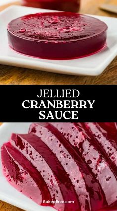 jellied cranberry sauce on a white plate with the words jellied cranberry sauce