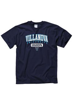 Show off your team pride in this Villanova Wildcats Navy Blue Grandpa Short Sleeve T Shirt! This Villanova Short Sleeve Tee features a Screen print of team name with team logo and "Grandpa" on front chest. Make sure everyone knows you root for the Wildcats with this Navy Blue Villanova T Shirt. Go Wildcats! Classic Fit, Tubular construction, Taped neck and shoulders, Quarter-turned to eliminate center crease, Unisex, Fit: True to Size, 100% Cotton Navy T-shirt With Logo Print, Blue School Spirit T-shirt For Fan Gear, University Logo Short Sleeve Top For Sports Season, Blue Tops With Team Logo For Game Day, Sports Season University Logo T-shirt, Collegiate Tops With University Logo, Collegiate Navy Cotton Top, Blue School Spirit T-shirt With Team Logo, Game Day University Logo Short Sleeve T-shirt