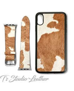 an iphone case with a cow print and matching watch strap for the apple watch band