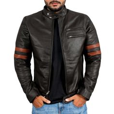 The Dark Brown Biker Leather Jacket with Stripes is a must-have for any fashion-forward biker. Made from real lambskin leather, this is not only stylish but also durable enough to withstand the elements while on the road. The jacket features a quilted polyester lining to keep you warm and comfortable. The zipper closure, zipper cuffs, and stand collar add an extra touch of style.

This jacket also features a chest and two waist pockets for storing your essentials while on the road. The jacket is available in 4 different colors: black, maroon, brown, and tan.

The most striking feature is the stripes on both sleeves that give the jacket a sporty and edgy look. The stripes are a subtle, yet striking detail that makes this jacket stand out from the crowd. Whether you're hitting the open road Leather Biker Jacket With Padded Collar, Brown Cafe Racer Leather Jacket For Winter, Quilted Biker Leather Jacket, Leather Biker Jacket With Padded Collar For Biker Events, Black Quilted Biker Leather Jacket, Quilted Biker Leather Jacket For Winter, Winter Biker Leather Jacket With Padded Collar, Winter Leather Jacket With Padded Collar For Biker Events, Cafe Racer Leather Outerwear For Biker Events