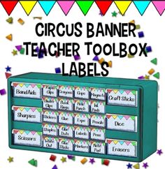 a teacher toolbox labeled circus banner and labels