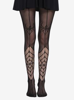 Spiderweb Fishnet Outfit, Spider Tights Outfit, Spider Fishnets, Edgy Stretch Tights For Halloween, Black Fishnet Mesh Tights, Thigh High Fishnet Hosiery For Halloween, Fishnet Thigh High Hosiery For Halloween, Fishnet Thigh Highs For Halloween, Black Tight Fishnet Tights