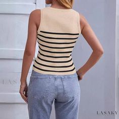 Lasaky - Sleeveless Striped Ribbed Vest with Round Neck, Slim Fit Knitted Top Striped Ribbed Sleeveless Top, Fitted Striped Knit Tank Top, Striped Knit Sleeveless Sweater Vest, Fitted Striped Sweater Vest Casual, Striped Knit Sleeveless Tank Top, Casual Striped Fitted Sweater Vest, Casual Striped Sleeveless Knit Top, Knitted Top, Olivia Mark