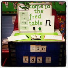 a classroom desk with some words on it