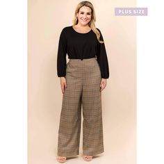 Stylish Plaid Wide Leg Pant Color: Brown Cobalt Materials: 98% Polyester 2% Spandex Model: Height: 5 Feet 9 Inches Bust: 42D Waist: 38 Inches Hips: 45 Inches Black Top Plus Size, Black Wide Pants, Brown Plaid Pants, Brand Shoot, Brown Plaid, Wide Leg Pant, Plaid Pants