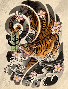 Snake And Tiger Tattoo, Japanese Flash, Tattoo Japanese Style, Japanese Flower Tattoo, Japanese Tattoo Symbols, Japanese Tiger, Yakuza Tattoo