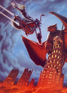 an image of a man riding a motorcycle on the back of a giant bird in front of a city