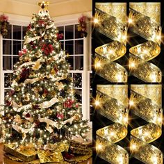 the christmas tree is decorated with gold and white lights, ribbons and bows on it