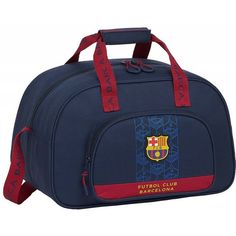 a blue duffle bag with barcelona crest on the front and red straps around it