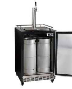 two kegs are placed in the back of a small cabinet with wheels on it