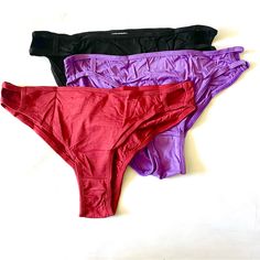 Three Pack Of Strappy Side Cut Out Panties. Colors Are Wine Red, Purple, And Black. Size Large, See Pictures For Measurements. Inv #8791 Purple Stretch Swimwear Brief, Purple Stretch Brief Swimwear, Pink Boyshorts, Black Seamless, Lace Lingerie Set, Lace Thong, Bra Lingerie, Red Purple, Wine Red